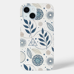 Coque Pour iPhone 15 Doodle Botanique Bleu géométrique