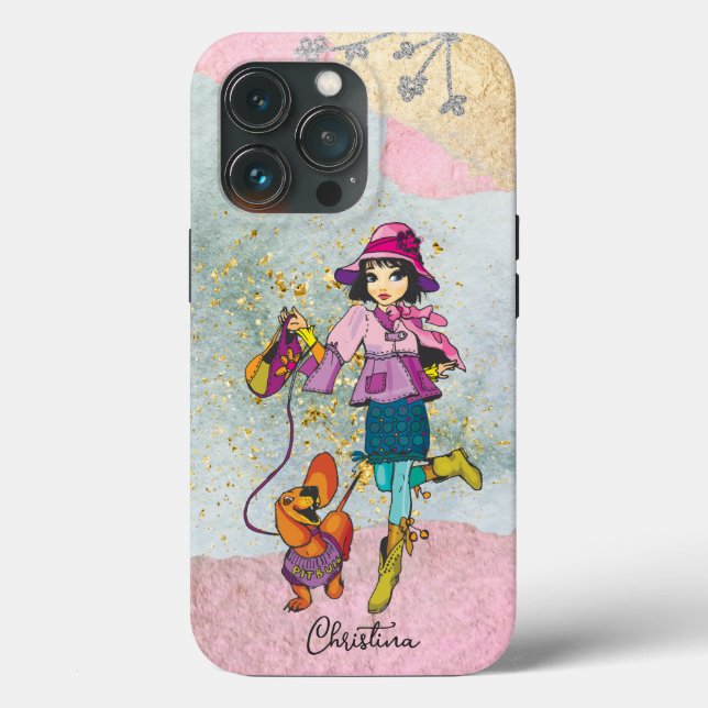 Coques Case-Mate iPhone Doodle Dark Hair Girl avec nom de chien (Verso)