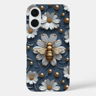 Coque Pour iPhone 16 Doré 3D Bees Fleurs de marguerite style puffy Bumb
