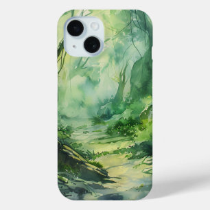 Coque Pour iPhone 15 Dossier téléphonique du chemin de forêt enchâssé
