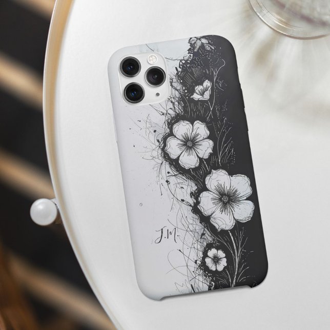 Coques Case-Mate iPhone Double Fleurs blanches noires Monogramme Nom perso (Créateur téléchargé)