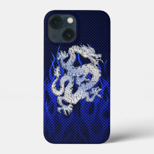 iPhone 13 Mini Coque Dragon Bleu dans Chrome Carbon course flammes