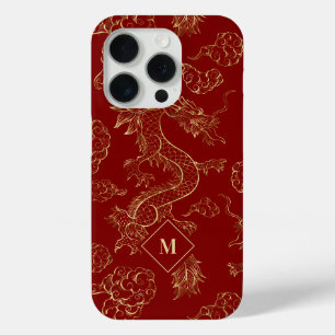 Coque iPhone 15 Pro Dragon chinois or et rouge foncé