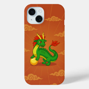 Coque Pour iPhone 15 Dragon Chinois Vert sur Fond Rouge