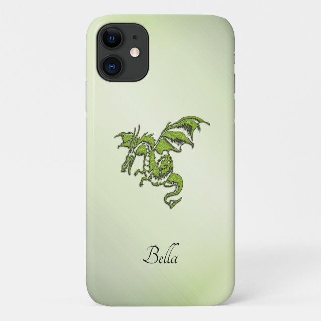 Coques Case-Mate iPhone Dragon de combat vert avec nom (Dos)