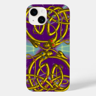 Coque Pour iPhone 14 DRAGON LOVE, GOLD CELTIC KNOS DRAGONS, Violet