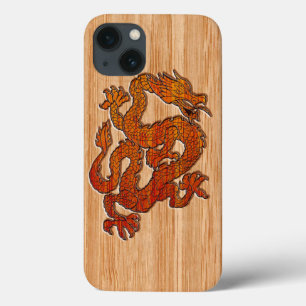 iPhone 13 Coque Dragon Oriental Rouge en Bambou