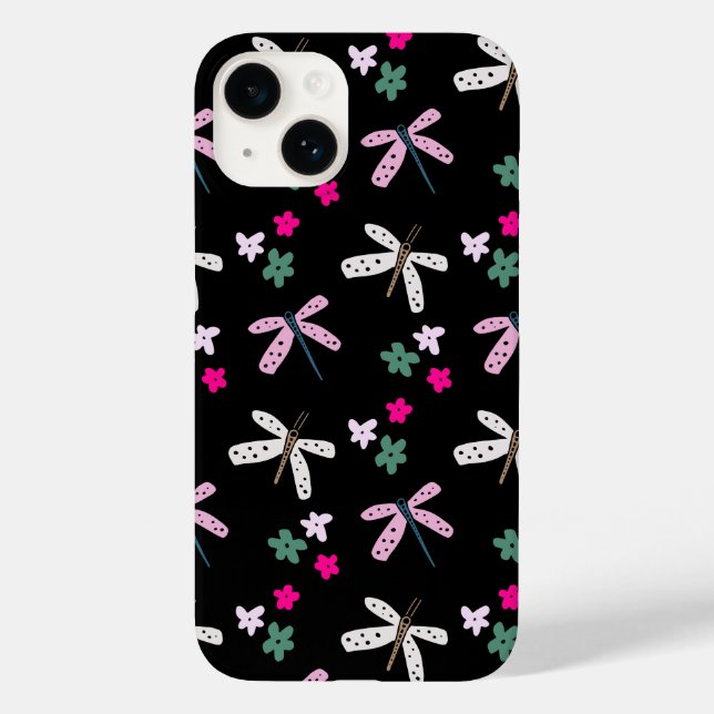 Coques Case-Mate iPhone Dragonflies et Fleurs sur le noir (Verso)