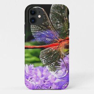 Coque iPhone 11 Dragonfly rouge sur Violet Violet Fleurs