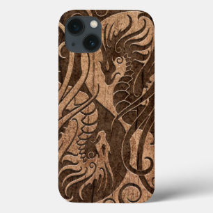 Etui iPhone 13 Dragons de Yin Yang de vol avec l'effet en bois de