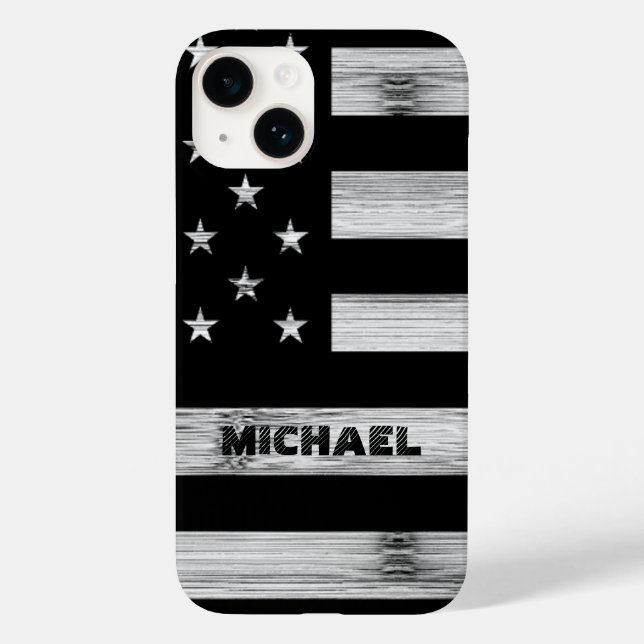 Coques Case-Mate iPhone Drapeau américain Bois rustique Noir Blanc Monogra (Verso)