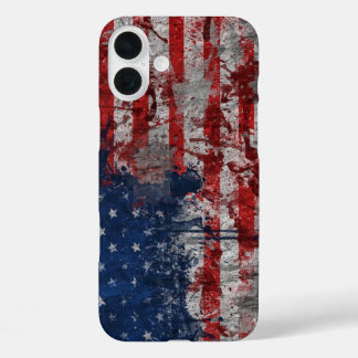 Coques iPhone 16 Plus Drapeau américain peint sur un mur de grunge