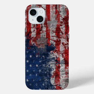 Coque iPhone 15 Mini Drapeau américain peint sur un mur grunge