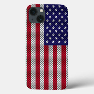 iPhone 13 Case Drapeau des USA sur la fibre de carbone comme la