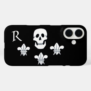 COQUE POUR iPhone 16 DRAPEAU MONOGRAMME CRÂNE JOLLY ROGER ET TROIS LILA