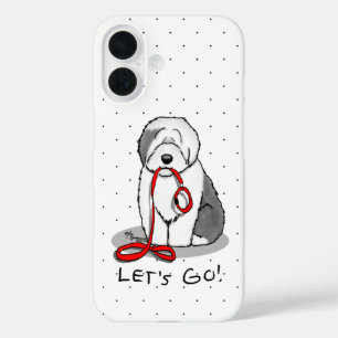 Coque Pour iPhone 16 Drôle Allons-y ! Walk Old English Sheepdog (Gris 1