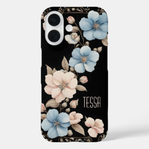 Coque Pour iPhone 16 Dusty Blue et Shell Pink Floral Band