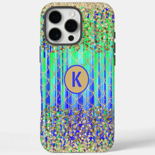 Coques iPhone 16 Pro Max Écailles de sirène en monogramme vert bleu or pail
