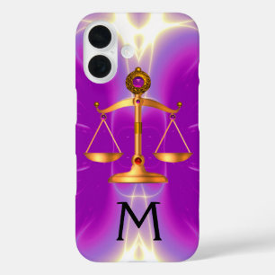 COQUE POUR iPhone 16 ÉCHELLES D'OR DE LA LOI AVEC PIERRES GEM MONOGRAM 