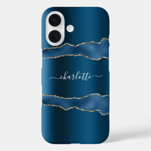 Coque Pour iPhone 16 Écriture de nom de marbre d'agate d'or bleu