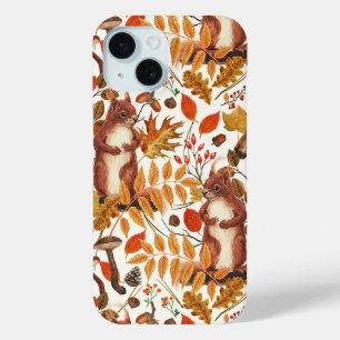Coque Pour iPhone 15 Écureuils d'automne et flore automnale sur le blan