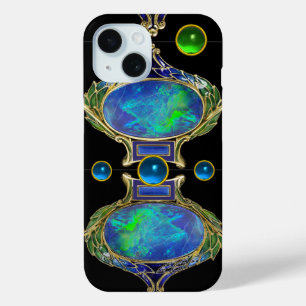 COQUE POUR iPhone 15 EFFET OPAL BLEU VERT ABSTRAIT AVEC DES PIERRES À J