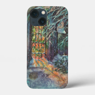 iPhone 13 Mini Case Eglise de Noël vintage avec vitre en verre