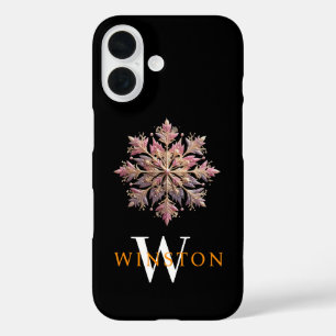 Coque Pour iPhone 16 Élégance du flocon rose brillant Monogramme noir