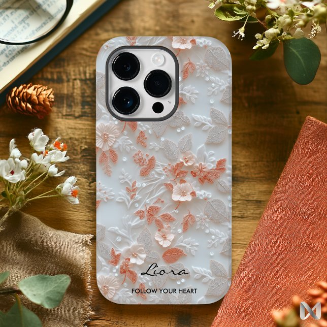 Coques Case-Mate iPhone Élégance Florale en Relief Peach et Blanc (Créateur téléchargé)