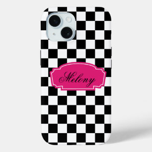 Coque Pour iPhone 15 Élégance monochrome chic avec accent rose