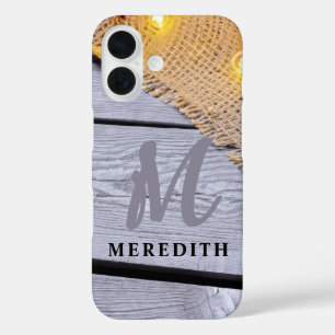Coque Pour iPhone 16 Élégance rustique Grange Burlap Nom et monogramme