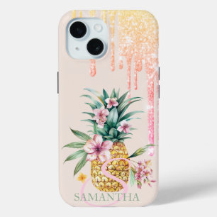 Coque Pour iPhone 15 Élégant Ananas Floral aux Gouttes de Paillettes