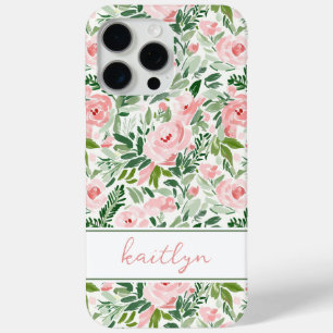 Coque iPhone 15 Pro Max Élégant Aquarelle Florale Personnalisée Rose Pâle