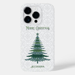 Coque Pour iPhone 14 Pro Elégant arbre de Noël blanc vert personnalisé