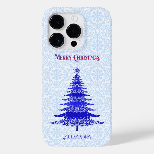 Coques Case-Mate iPhone Elégant arbre de Noël bleu Personnalisé (Verso)