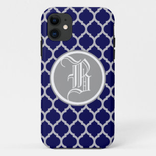 Etui iPhone Case-Mate Élégant argent et bleu Quatrefoil Monogramme perso