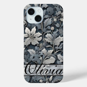 Coque Pour iPhone 15 Elégant bleu poussiéreux argent blanc gris gris fl