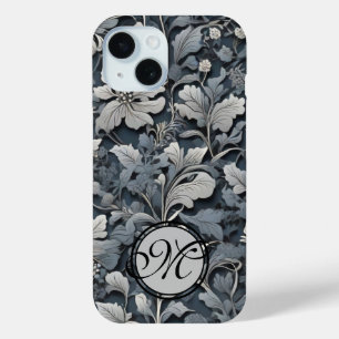 Coque Pour iPhone 15 Elégant bleu poussiéreux argent blanc gris gris fl