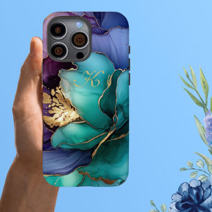 Coques iPhone 16 Pro Max Élégant bleu Turquoise Lilac Or Fleurs Monogramme