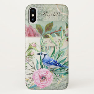 Etui iPhone Case-Mate Elégant Blue Jay Bird Vintage rose floral et nom