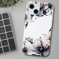 Élégant Boho Noir Blanc Monogramme Floral