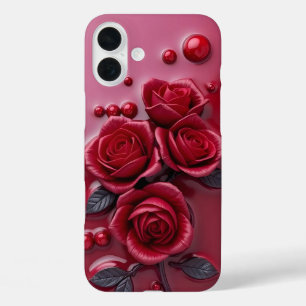 Coques iPhone 16 Plus Élégant boîtier de téléphone 3D Floral Red Rose