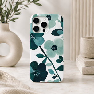 Coque iPhone 15 Pro Max Élégant Botanique Florale Aqua Bleu