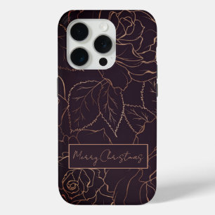 Coque iPhone 15 Pro Élégant Bourgogne Joyeux Roses d'or de Noël