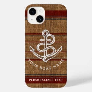 Coque Pour iPhone 14 Élégant Burlap Ancre Nautique Nom de bateau Person