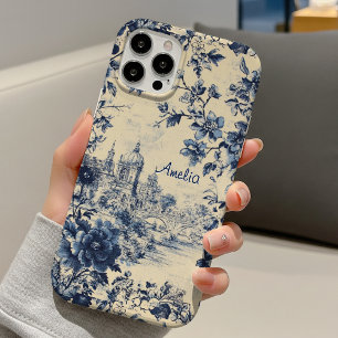 Coques iPhone 16 Pro Elégant château bleu floral toile de jouy monogram