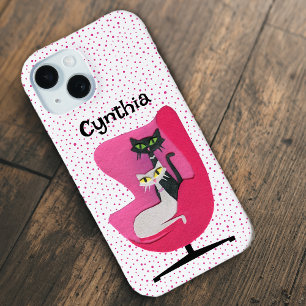 Coque Pour iPhone 15 Élégant Chats du milieu du siècle Chaise rose Poin
