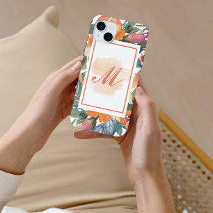Coque iPhone 15 Mini Élégant Chic Fleurs Aquarelle Pêche Monogramme M
