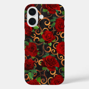 Coque Pour iPhone 16 Elégant Classy Damask Vintage Chic Roses Rouge Noi