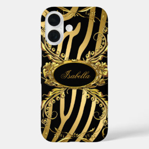 Coque Pour iPhone 16 Elégant Classy Gold Zebra Black Floral